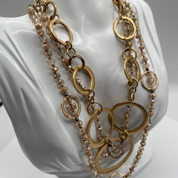 Gold & Crystal Beaded Multi-Layer Necklace With Large Hammered Rings  M07 - Picture 3 of 7
